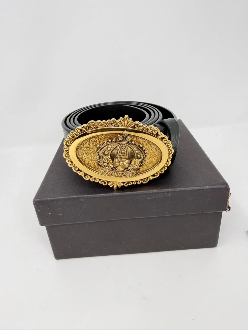Dolce & Gabbana Black Leather Belt with Gold Ornate Medallion Buckle